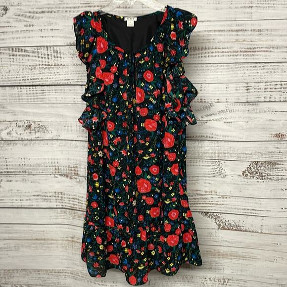 J. Crew Printed Flutter Dress Size 4 Black Red Floral - Picture 2 of 7
